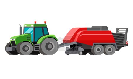 Ilustración de Farm hay baler trailed by tractor to compress a cut and raked crop into compact square bales. Colorful vector clip art on white background - Imagen libre de derechos