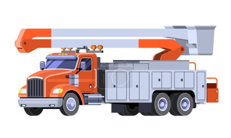 Illustration for Minimalistic modern bucket truck front side view. Aerial work basket vehicle. Vector clip art of cherry picker on white background. - Royalty Free Image