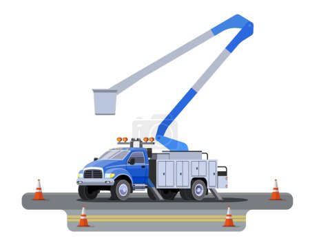 Photo for Modern bucket truck front side view. Aerial lift work basket vehicle. Vector clip art of cherry picker at road with cone on white background - Royalty Free Image