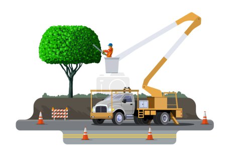 Illustration for Tree pruning with hedge trimmer from aerial lift platform. Bucket truck tree surgeon city service vehicle. Aerial work basket vehicle. Vector clip art of cherry picker on white background - Royalty Free Image