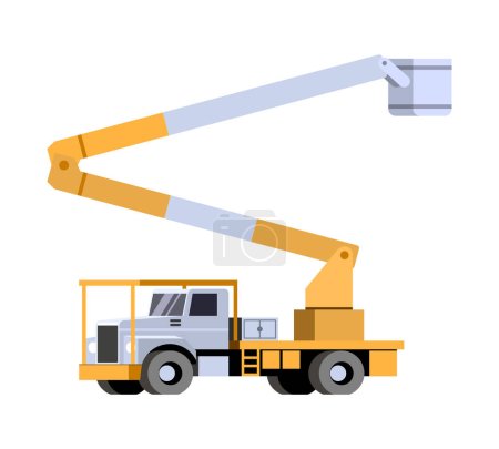 Photo for Cherry picker truck minimalistic icon on white background. Bucket truck uses in municipal service for tree surgeon, arborist, lineman electician for lifting up worker in basket. Vector clip art - Royalty Free Image