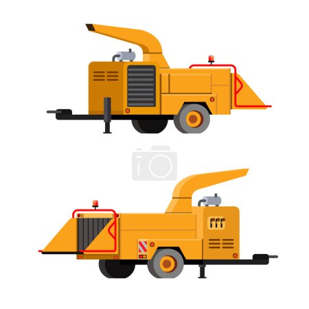 Photo for Mounted on the wheels tree chipper. Trailer mount wood chipper with drawbar. Yellow wood chipper for chipping felled trees and brunches after tree trimming. Front and back side view. Vector clip art on white background - Royalty Free Image
