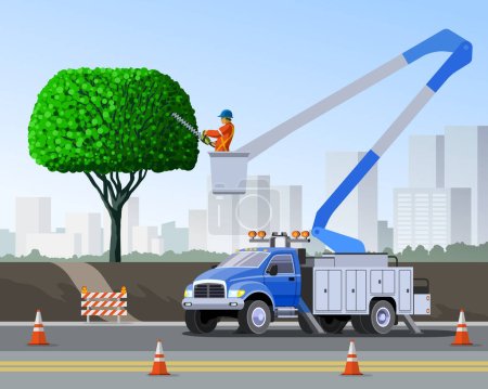 Photo for Tree pruning with hedge trimmer from aerial lift platform. Bucket truck tree surgeon city service vehicle. Aerial work basket vehicle. Vector clip art of cherry picker on urban cityscape background - Royalty Free Image
