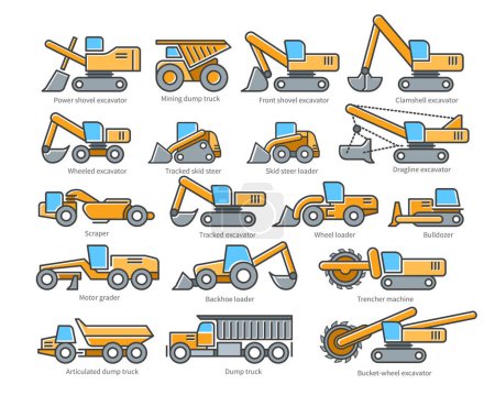 Illustration for Construction machinery set of icons. Each icon with text label description. Earth mover machine types. Colorful vector clip art on white background. - Royalty Free Image