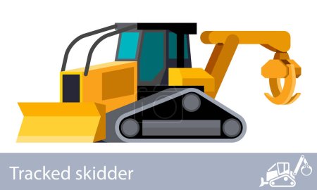 Illustration for Forestry tracked skidder front side view. Grapple skidder tracked vehicle with log hood guard minimalistic icon. Forestry construction equipment isolated vector. Color icon illustration on white background. - Royalty Free Image
