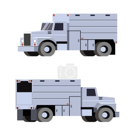 Photo for Chip truck. Wood chip vehicle for collecting and carrying chipped felled trees and brunches after tree trimming into back of chip truck. Front and back side view. Vector clip art on white background - Royalty Free Image