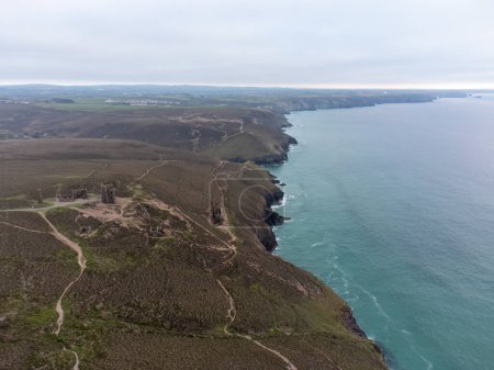 around wheal Coates mine and chapel north Cornwall England UK aerial drone 