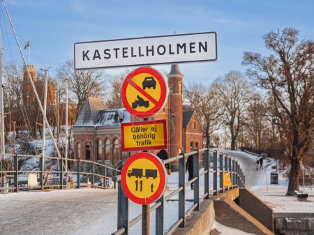 Photo for Stockholm, Sweden - February 6, 2023: A sign at the beginning of the bridge in popular tourist destination Kastellholmen in Stockholm, saying: Does not apply to unauthorized traffic - Royalty Free Image