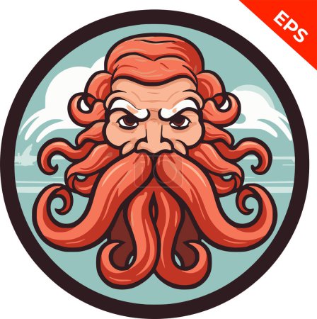 Illustration for Neptune, Kraken sea god, lord of the sea. Beautiful avatar, men sticker, emblem. Vector illustration - Royalty Free Image