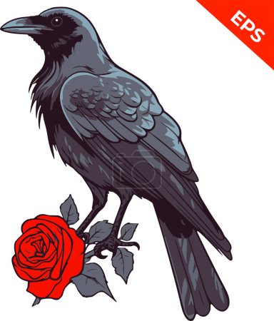 Photo for Black raven and red rose, classic tattoo, graphic image of a raven for printing. Vector illustration - Royalty Free Image