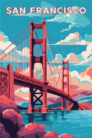 Téléchargez les illustrations : California, Golden Gate Bridge, San Francisco, poster vectoriel, illustration d'oeuvre d'art. Illustration vectorielle - en licence libre de droit