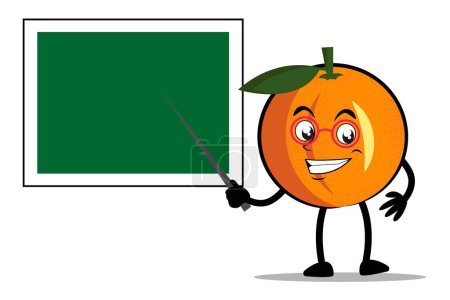 Téléchargez les illustrations : Mascotte ou personnage Orange Cartoon en tant qu'enseignant et enseignant à l'aide d'un tableau noir - en licence libre de droit