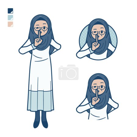 Illustration for A senior arabic woman with be quiet hand sign images.It's vector art so it's easy to edit. - Royalty Free Image