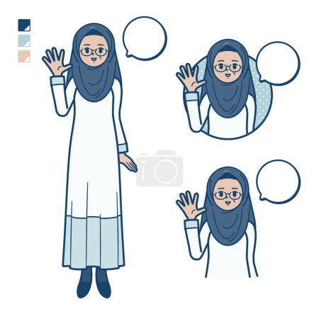 Illustration for A senior arabic woman with greeting images.It's vector art so it's easy to edit. - Royalty Free Image