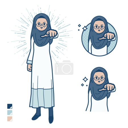 Téléchargez les illustrations : Une femme arabe sénior avec pointage vers les images frontales. C'est de l'art vectoriel donc c'est facile à éditer.. - en licence libre de droit