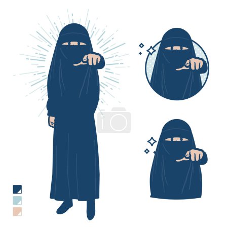 Téléchargez les illustrations : Une femme musulmane portant un niqab avec pointage vers les images frontales. C'est de l'art vectoriel donc c'est facile à éditer.. - en licence libre de droit