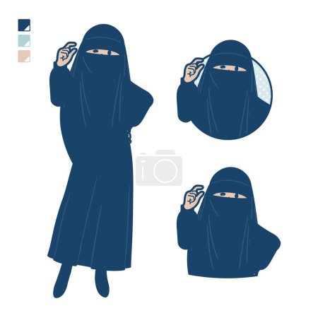 Illustration for A muslim woman wearing a niqab with Just a bit Hand sign images.It's vector art so it's easy to edit. - Royalty Free Image