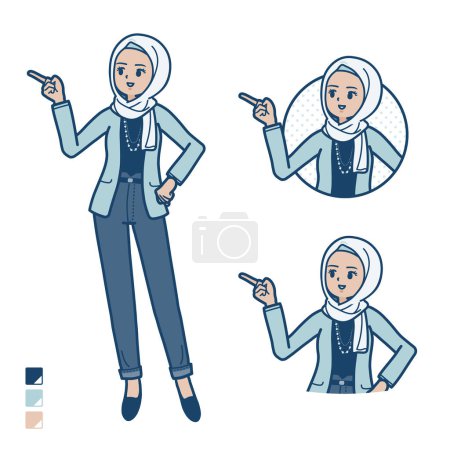 Illustration for An arabic woman in casual fashion with Explanation Pointing images.It's vector art so it's easy to edit. - Royalty Free Image