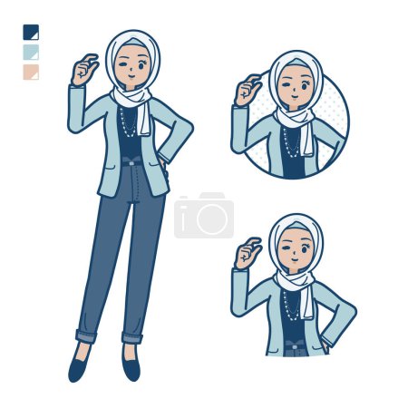Illustration for An arabic woman in casual fashion with Just a bit Hand sign images.It's vector art so it's easy to edit. - Royalty Free Image
