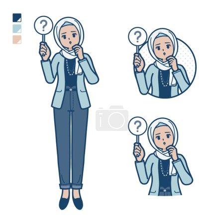 Illustration for An arabic woman in casual fashion with Put out a question panel images.It's vector art so it's easy to edit. - Royalty Free Image