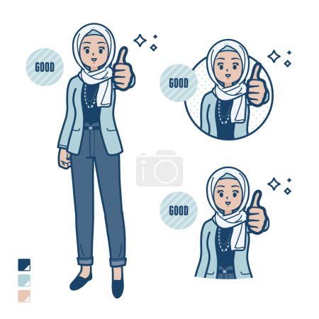 Téléchargez les illustrations : Une femme arabe de façon décontractée avec les pouces vers le haut des images.C'est de l'art vectoriel donc il est facile d'éditer. - en licence libre de droit