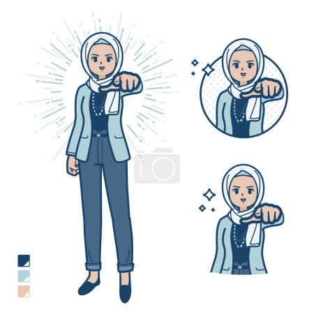 Téléchargez les illustrations : Une femme arabe de façon décontractée avec pointage vers les images frontales. C'est de l'art vectoriel donc il est facile à éditer.. - en licence libre de droit