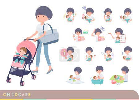 Illustration for Set of t-shirt mush hair woman who take care of their baby.It's vector art so easy to edit. - Royalty Free Image