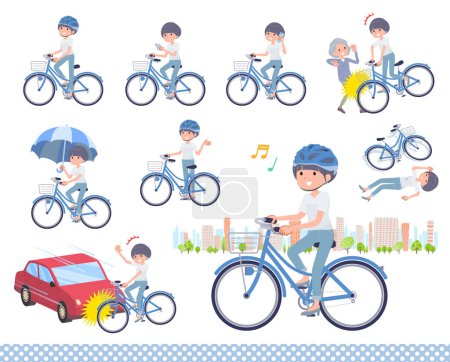 Illustration for Set of t-shirt mush hair woman riding a city cycle.It's vector art so easy to edit. - Royalty Free Image