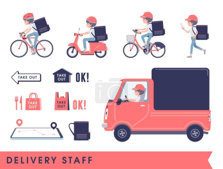 Illustration for Set of t-shirt mush hair woman doing delivery.It's vector art so easy to edit. - Royalty Free Image