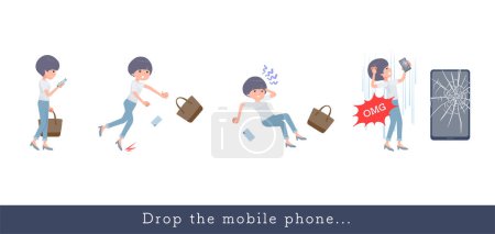 Illustration for Set of t-shirt mush hair woman who drops her smartphone.It's vector art so easy to edit. - Royalty Free Image