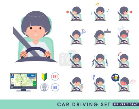 Illustration for Set of t-shirt mush hair woman driving a car(driving seat).It's vector art so easy to edit. - Royalty Free Image