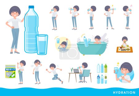 Illustration for Set of t-shirt mush hair woman drinking water.It's vector art so easy to edit. - Royalty Free Image