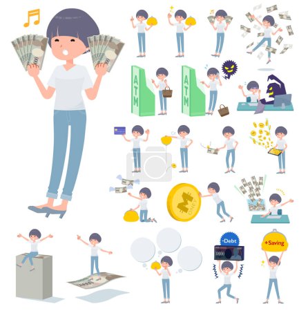 Illustration for Set of t-shirt mush hair woman with concerning money and economy.It's vector art so easy to edit. - Royalty Free Image