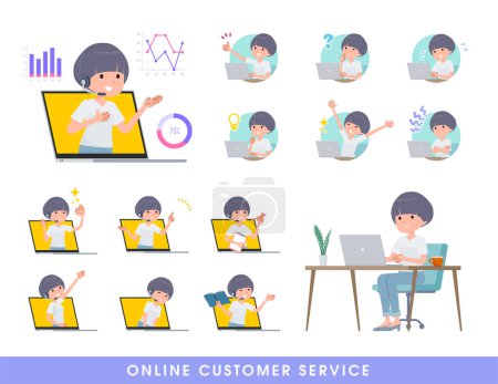 Illustration for Set of t-shirt mush hair woman serving customers online.It's vector art so easy to edit. - Royalty Free Image