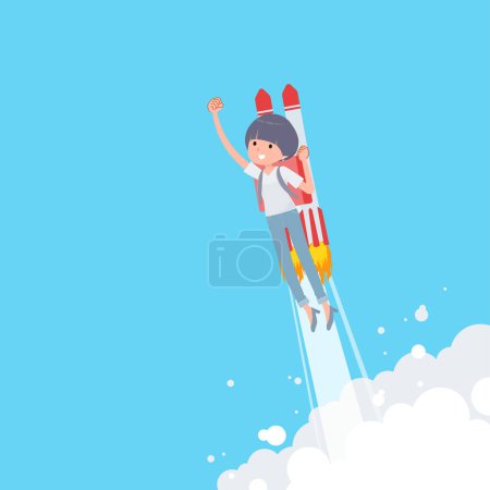 Ilustración de Conjunto de mujer de pelo mush camiseta despegando con un cohete jet. Es arte vectorial tan fácil de editar. - Imagen libre de derechos