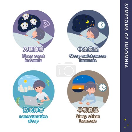 Illustration for Set of t-shirt mush hair woman about the types of sleep disorders.It's vector art so easy to edit. - Royalty Free Image