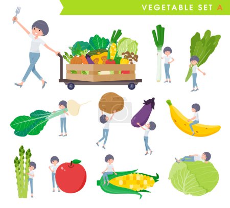 Illustration for Set of t-shirt mush hair woman and vegetables.type A.It's vector art so easy to edit. - Royalty Free Image