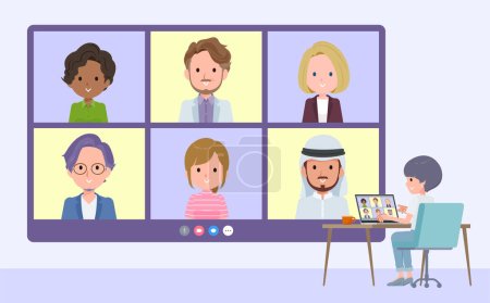Illustration for Set of t-shirt mush hair woman having a video chat with multiple people.It's vector art so easy to edit. - Royalty Free Image