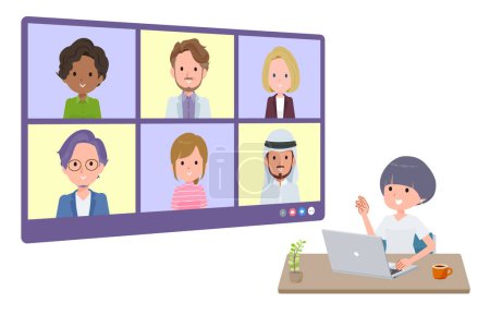 Illustration for Set of t-shirt mush hair woman having an online meeting with multiple people. perspective angle.It's vector art so easy to edit. - Royalty Free Image