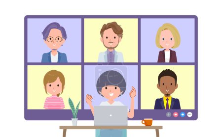 Illustration for Set of t-shirt mush hair woman having an online meeting with multiple people. Front angle.It's vector art so easy to edit. - Royalty Free Image