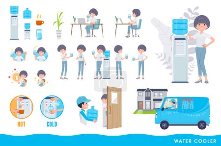 Illustration for Set of t-shirt mush hair woman and water cooler.It's vector art so easy to edit. - Royalty Free Image