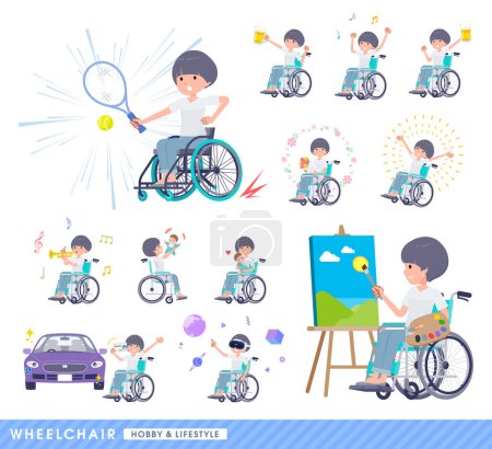 Illustration for Set of t-shirt mush hair woman in a wheelchair.About hobbies and lifestyle.It's vector art so easy to edit. - Royalty Free Image