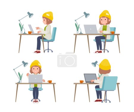 Illustration for A set of casual fashion women working at a desk at a computer.It's vector art so easy to edit. - Royalty Free Image