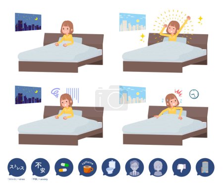 Illustration for A set of casual fashion women and causes of sleeplessness.It's vector art so easy to edit. - Royalty Free Image