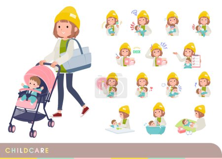 Illustration for A set of casual fashion women who take care of their baby.It's vector art so easy to edit. - Royalty Free Image