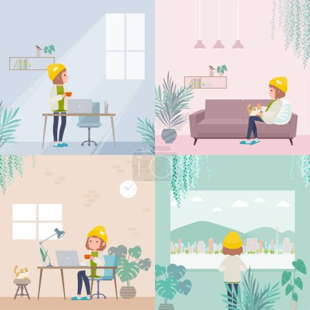Illustration for A set of casual fashion women relaxing in the room.  It's vector art so easy to edit. - Royalty Free Image