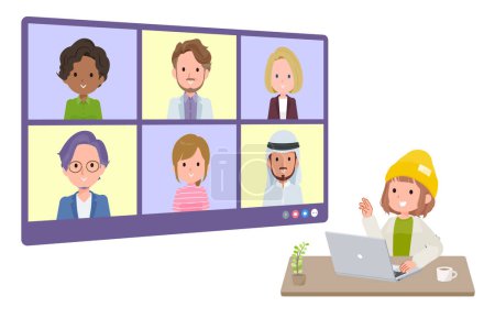 Illustration for A set of casual fashion women having an online meeting with multiple people. perspective angle.It's vector art so easy to edit. - Royalty Free Image