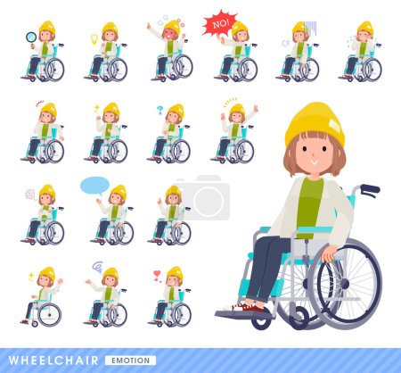 Illustration for A set of casual fashion women in a wheelchair.It depicts emotions such as laughter, anger, and trouble.It's vector art so easy to edit. - Royalty Free Image