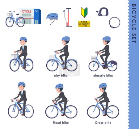 Ilustración de Un conjunto de hombre de negocios que monta varias bicicletas. Es arte vectorial tan fácil de editar. - Imagen libre de derechos