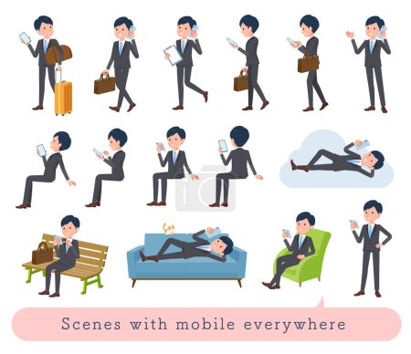 Téléchargez les illustrations : Un ensemble d'hommes d'affaires qui utilise un smartphone dans diverses scènes.C'est un art vectoriel si facile à éditer. - en licence libre de droit